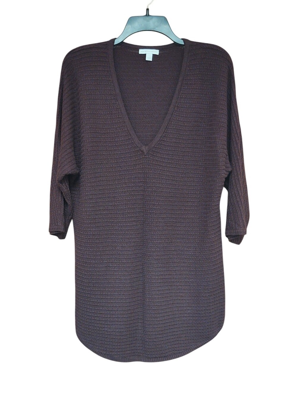 NY & Company Eggplant Deep V-Neck Textured Pullover Sweater Size L